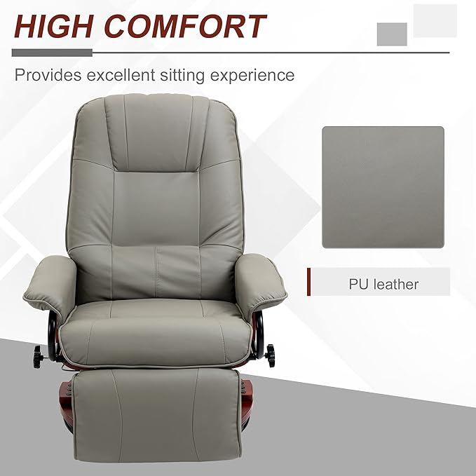 HOMCOM Swivel Recliner Chair, PU Leather Reclining Armchair with Retractable Footrest, Lounge Chair with Wood Base and Adjustable High Back for Small Spaces, Living Room, RV, Bedroom, Gray
