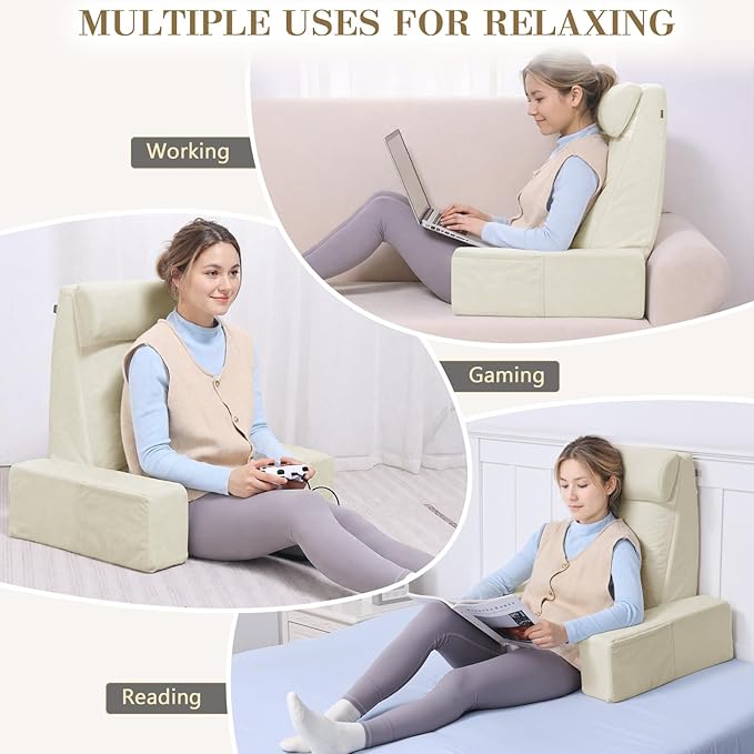 Bed Pillow for Sitting Up, Dual-Layer Memory Foam Reading Pillow for Bed Adult with Adjustable Headrest & Detachable Arms for Relaxing, Beige