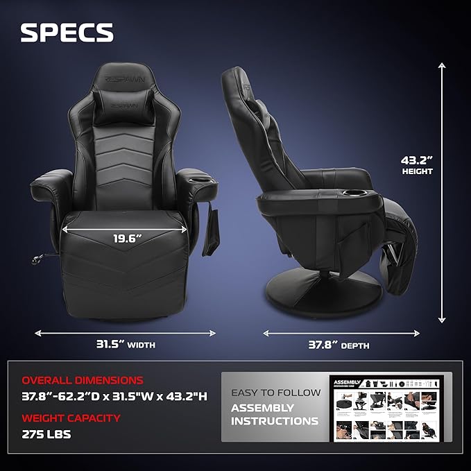 Respawn 900 Console Gaming Recliner with Footrest and Lumbar Support - Comfortable Ergonomic Gaming Chair with Headrest, No Wheels, Reclining, Heavy Duty, Racing Style Video Game Chairs - Black