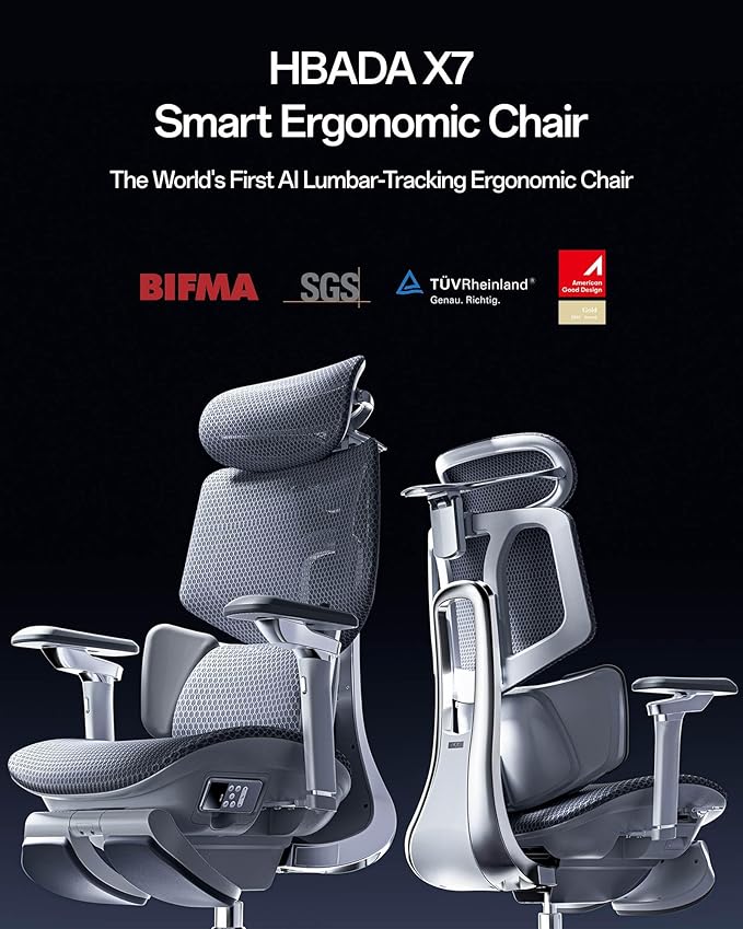 Hbada X7 Smart Ergonomic Chair, Office Chairs, Fully Automated Lumbar Tracking, 4D Adjustable Headrest, 720° Adjustable Armrests, Ventilated Seat Cushion, Swivel, Grey