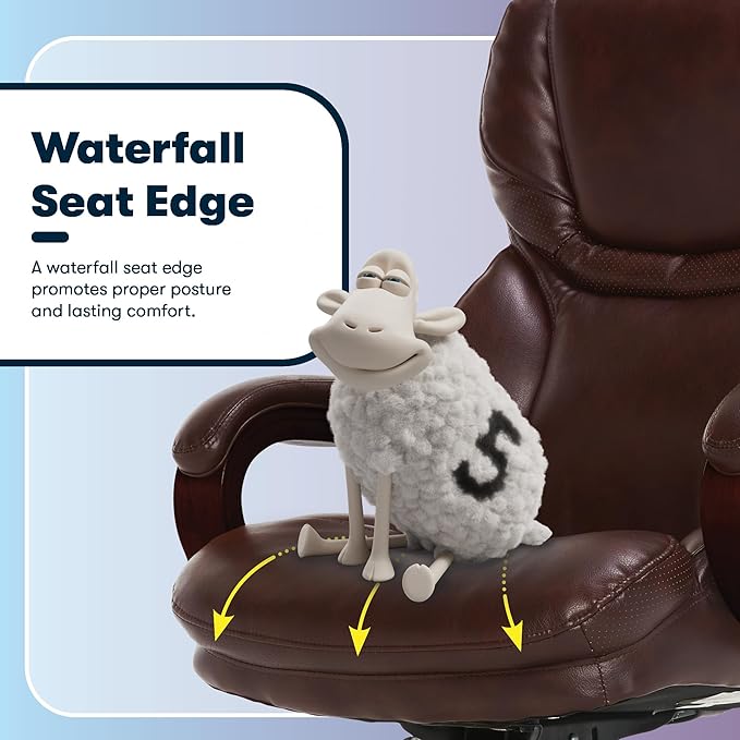 Serta Conway Big & Tall Executive Office Chair, Ergonomic High-Back with Adjustable Lumbar, Semi Plush Cushion and Body Pillows, Padded Armrests, Wooden Swivel Base, Bonded Leather, Chestnut Brown