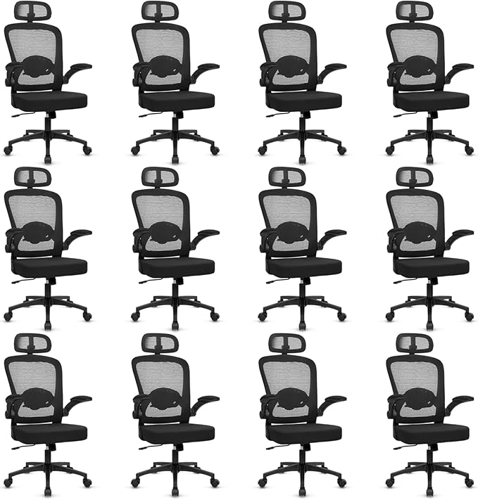 KLASIKA Desk Chairs with Wheels, Ergonomic Mesh Back Home Office Chair with Headrest, Adjustable Lumbar Support Swivel Rolling Computer Chairs Flip Up Arms for Conference Meeting Room, Black, 12PK