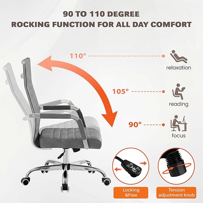 Furmax Ergonomic Office Desk Chair, Executive Ribbed Mid-Back PU Leather Conference Room Chair Adjustable Swivel Chair with Arms (1, Bicolor Vintage Grey)