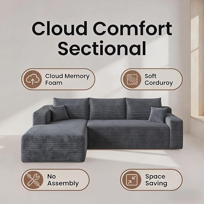 94" Darkgrey Boneless Couch with Left Facing Chaise for Living Room,Corduroy L-Shaped Sectional Couches,Compressed Memory Foam Cloud Sofa,No Assembly Required,Darkgrey
