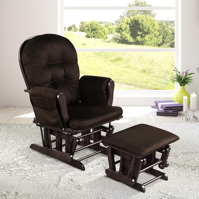 Costzon Nursery Glider with Ottoman, Upholstered Comfort Glider Rocker with Padded Cushion, Storage Pocket, Solid Wood Base, Rocking Chair Nursery for Breastfeeding, Napping (Brown)