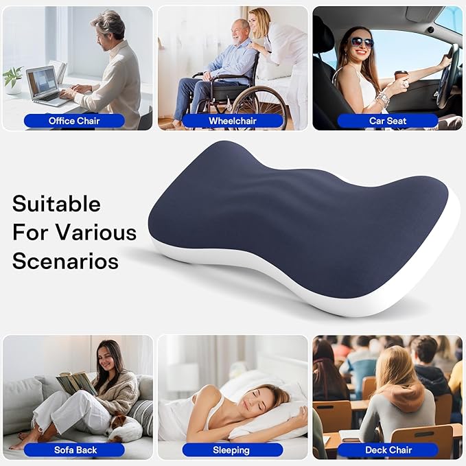 Lumbar Support Pillow for Bed, Memory Foam Pillow for Back Pain Relief, Lower Back Pain Relief Pillow for Sleeping, Adjustable Lumbar Pillow for Sleeping, Bed, Car, Couch (White - Navy Blue)