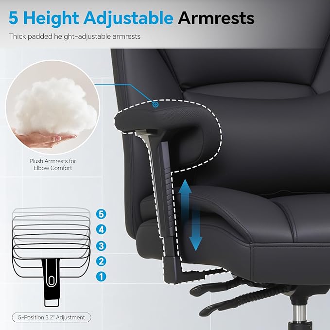 Big and Tall Office Desk Chair with 5-Position Armrests, 650 LBS Heavy Duty Executive Office Chair Comfy, Extra Wide Seat, High Back Computer Chair with Lumbar Support, Reclining Tilt Lock (Black)