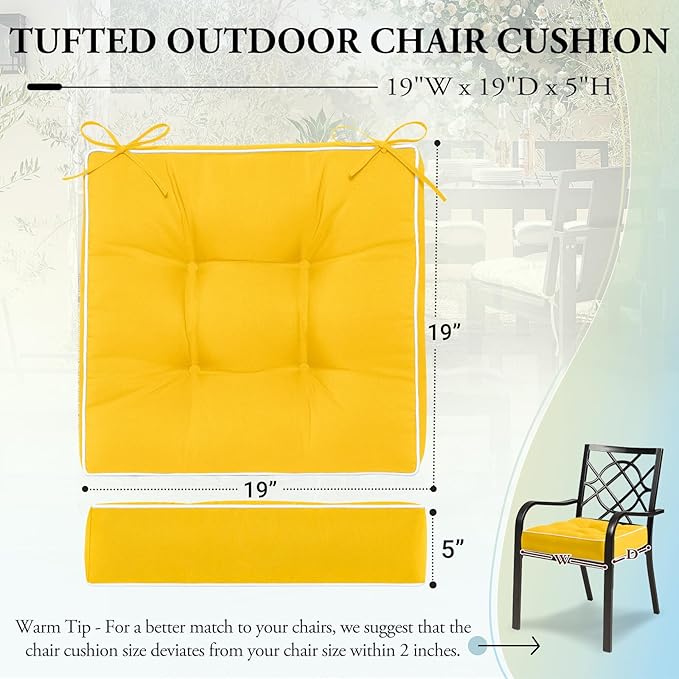Wellsin Outdoor Chair Cushions Set of 2, Patio Cushions for Outdoor Furniture, Tufted Waterproof Outdoor Chair Pads, 19 x 19 Inch, Yellow