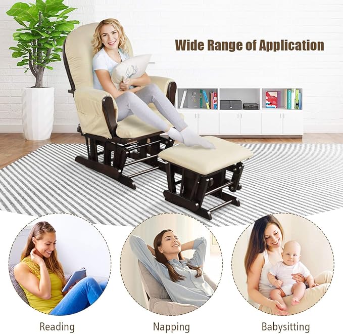 Costzon Nursery Glider with Ottoman, Upholstered Comfort Glider Rocker with Padded Cushion, Storage Pocket, Solid Wood Base, Rocking Chair Nursery for Breastfeeding, Napping (Beige)