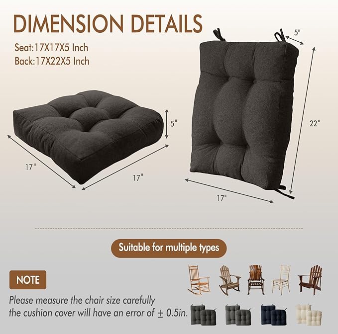 Rocking Chair Cushion, Set of 2, with Thicken Seat & Lumbar Support Back Cushion, Ergonomic Chair Cushion Non-Slip Bottom with Ties for Indoor/Outdoor Rocker, Office Chair, 22X17 Inch, Dark Grey