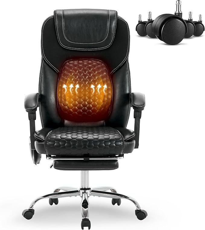 MALOL Massage Office Chair with Heat and Footrest - 3-Level 65°C Targeted Heating, 20-Min Easy Assembly Leather Desk Chair, Big and Tall Executive Computer Chair with Side Pocket, 300 lbs, Black
