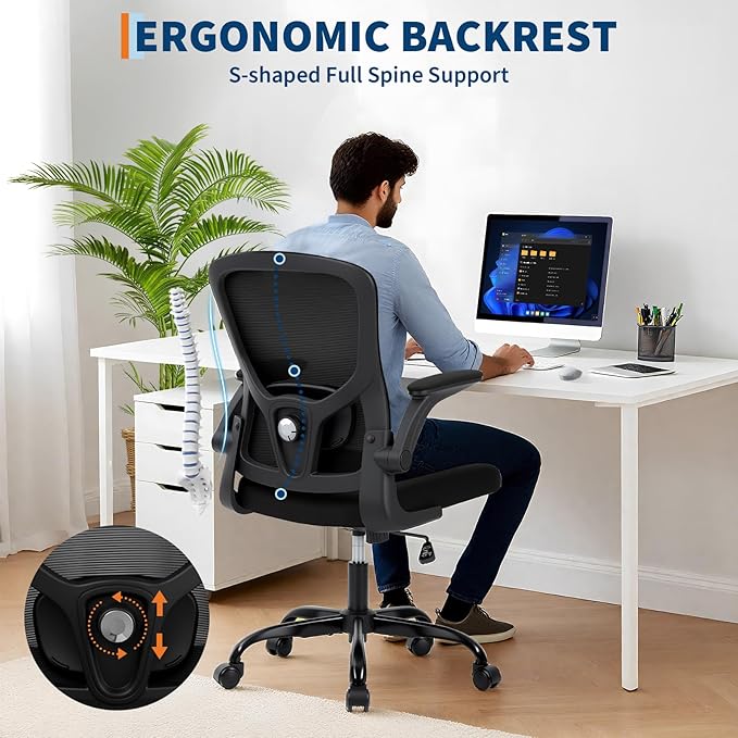 Premium Ergonomic High-Back Mesh Office Chair - Adjustable Height, Flip-Up Armrests & Lumbar Support - Comfy Swivel Seat for Home, Gaming & Work - Black Net