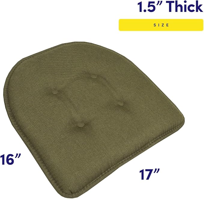 Sweet Home Collection Chair Cushion Memory Foam Pads Tufted Slip Non Skid Rubber Back U-Shaped 17" x 16" Seat Cover, 4 Count (Pack of 1), Army Green