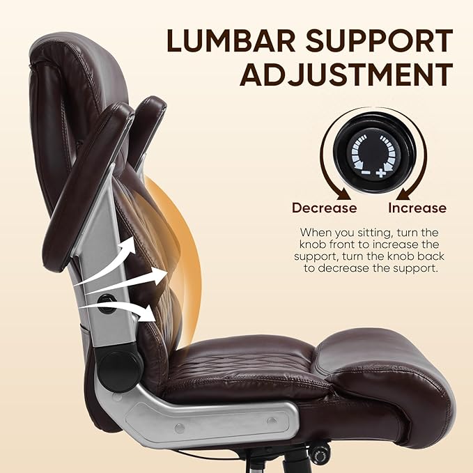 ZSQN 600 Lbs Big and Tall Office Chair, Plus Size Desk Chair with 6D Adjustable Flip Arms, Wide Comfortable Computer Chair with Adjustable Lumbar Support & Dual Rubber Wheels Brown