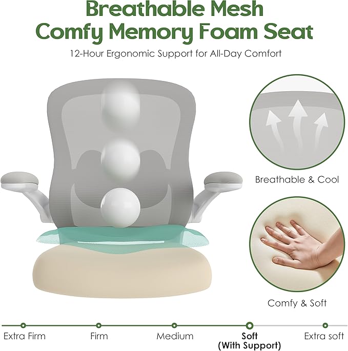 Office Chair Ergonomic Desk Chair - Mesh Comfy Home Desk Office Chairs with Wheels Adjustable Lumbar Support Flip up Armrest Executive Rolling Swivel Teacher Task Computer Chair Light Gray
