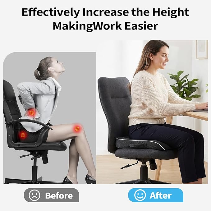 Seat Cushion for Tailbone Pain Relief, Office Chair Cushion, Memory Foam Large Chair Cushion with Non-Slip Cover for Soft Support at Office Chair, Car Seat, Airplane 3.3"-Black