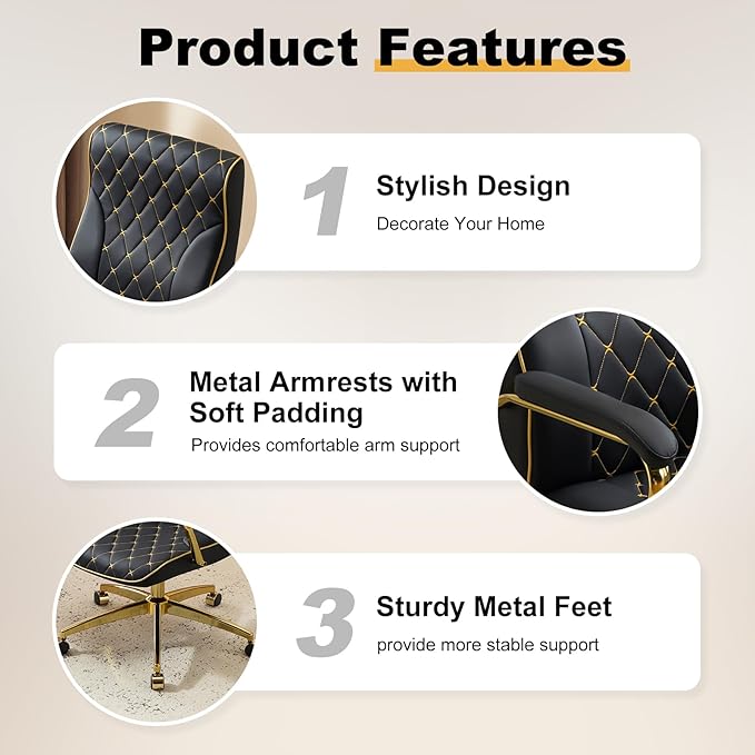 Furniliving Black and Gold Office Chair, Leather Office Chairs, Adjustable Vanity Chair with Golden Legs and Padded Armrest, Modern Upholstered Computer Chair with Wheels,Black