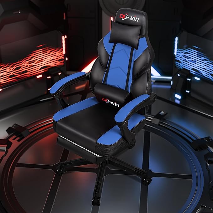 DL-win Gaming Chairs for Adults, Computer Chair with Footrest and Ergonomic High Back, Big and Tall Gamer Chairs with Massage Lumbar Support, 360° Swivel Height Adjustable Gaming Chair, Blue