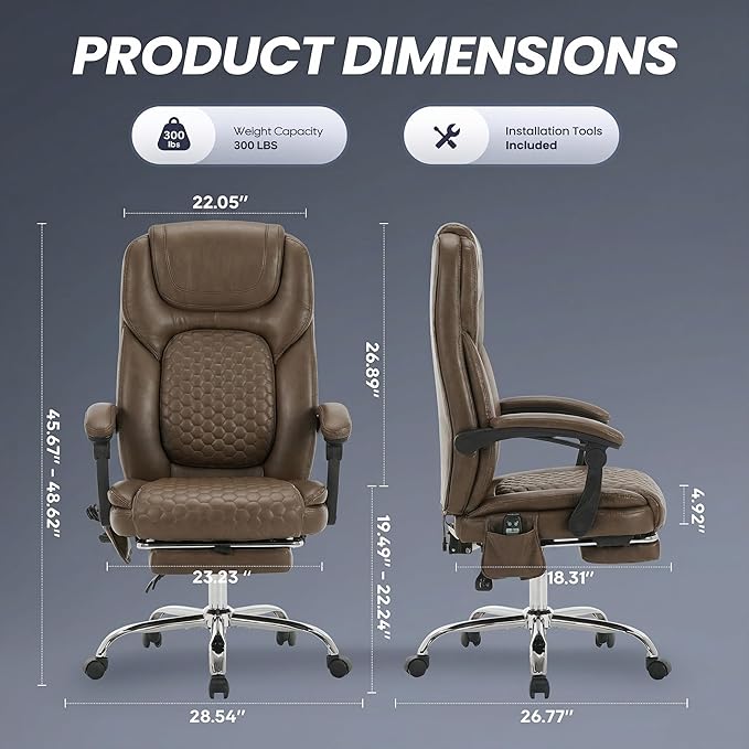 MALOL Massage Office Chair Set of 2 with 3-Level Heat and Footrest – 20-Min Easy Assembly, 300 lbs Big and Tall Desk Chair, PU Leather Ergonomic Executive Computer Chair with Side Pocket, Brown