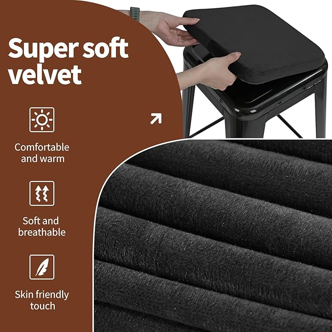 SINOSSO Magnetic Memory Foam Metal Stool Cushions Set of 4, Luxury Velvet Bar Cafe Stackable Chair Seat Pads, Non-Slip & Washable (Square, Black, 4)