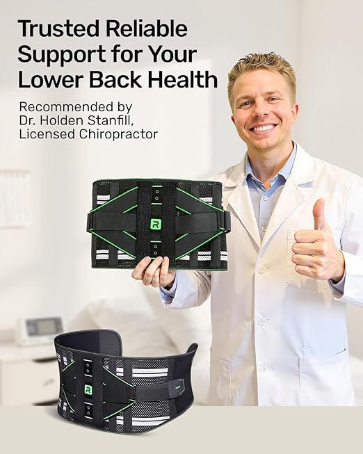 Rakiie Back Brace for Women Men, Integrated Lumbar Support, Breathable Soft Mesh Fabric and 8 Stays All-round Support, Durable Back Support With Lumbar Support Pad for Home & Lifting At Work, Green Size L