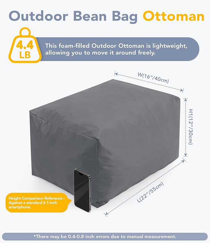 Outdoor Patio Bean Bag Ottoman - Small Beanbag Foot Rest Pouf Rectangular with Shredded Foam Filling, Splash-Proof Detachable Zipper Cover for Relaxing, Gray