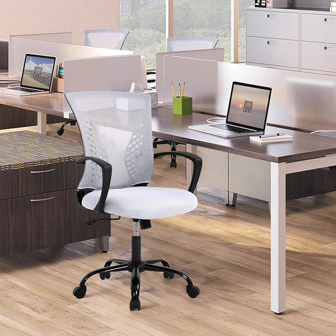 Modern Office Chair - Breathable Mesh Ergonomic Chair with Adjustable Lumbar Support, Mid Back Computer Chair for Home Office, Minimalist Design & Easy Assembly (White)
