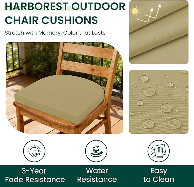 HARBOREST Outdoor Chair Cushions Set of 4, Water Resistant Patio Chair Cushions with Ties, Outdoor Seat Cushions for Patio Furniture, 17"x16"x2", Khaki