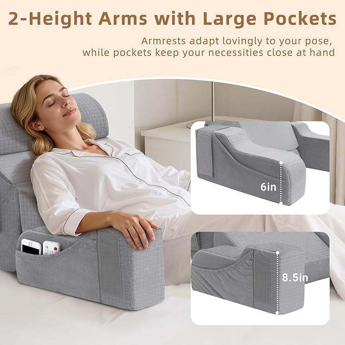 5PCS Reading Pillow for Sitting in Bed Adult, 2 in 1 Foldable Back Wedge Pillow for Sleep, Ergonomic Back Support Pillow with Arms for Watching TV, Gaming, Working, Recovery, 19” Grey
