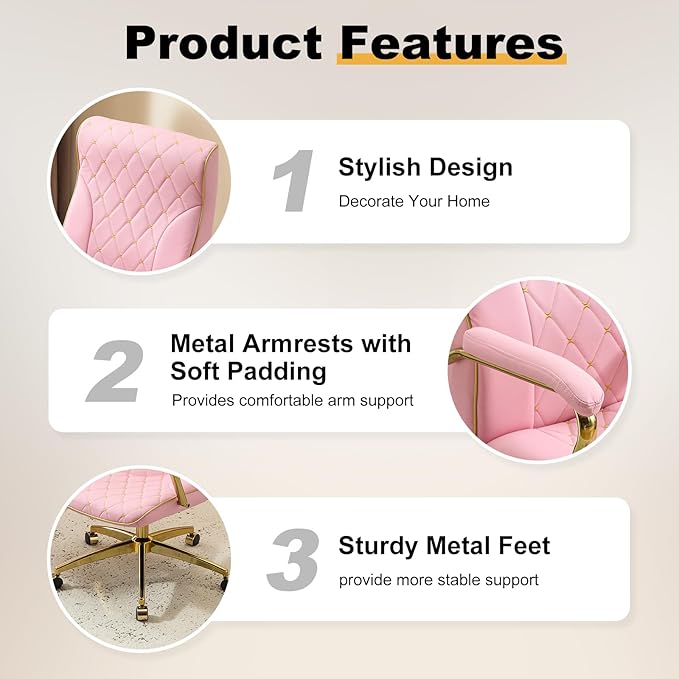 Furniliving Pink and Gold Office Chair, Leather Office Chairs, Adjustable Vanity Chair with Golden Legs and Padded Armrest, Modern Upholstered Computer Chair with Wheels,Pink