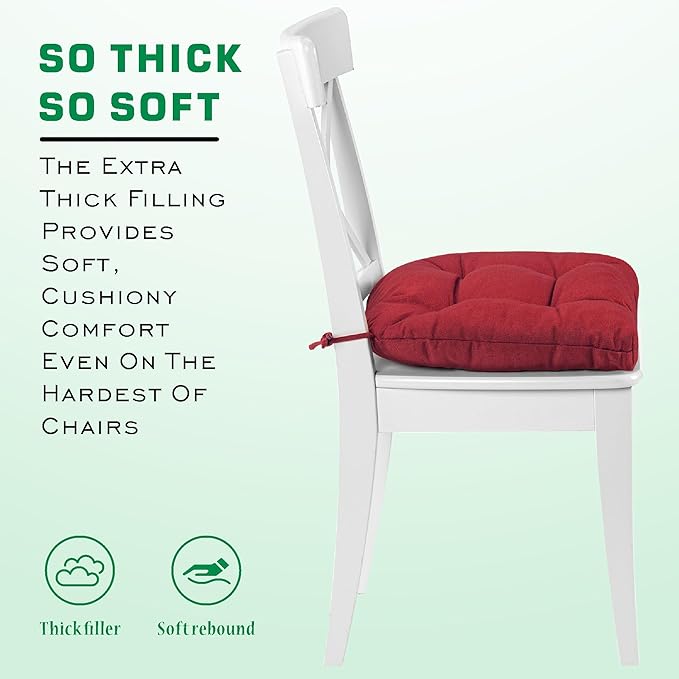 SQUARE MOON Chair Cushions for Dining Chairs, 3 Inch Thick Comfortable Kitchen Chair Pads, Dining Room Seat Cushions with Ties, Machine Washable, 17" x 16" x 3", 4/Pack, Wine Red