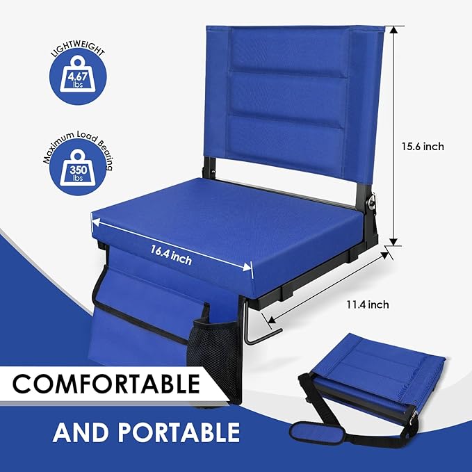 Stadium Seats with Back Support,Bleacher Chairs with Cushion, Portable Folding Stadium Chair with Removable Cushion and Large Pocket for School Events Sports Game(Blue 2 Pack)