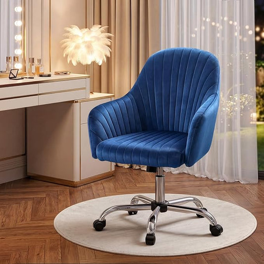 Warmiehomy Office Chair, Velvet Desk Chair for Women, Comfy Vanity Chair with Wheels, Home Computer Chair with Arm Rest for Bedroom, Royal Blue