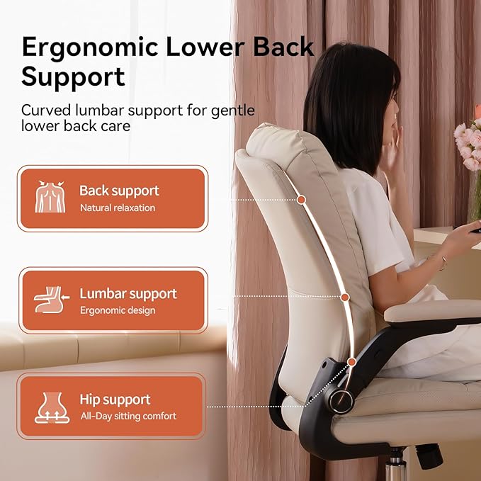 LEAGOO Ergonomic Office Chair with 3D Flip-Up Arms, Adjustable Height & Rocking Function, PU Leather Swivel Task Chair for Home Office, 300 lbs Capacity - Beige