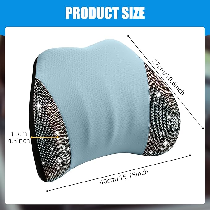 Lumbar Support Pillow with Diamond, Memory Foam Lumbar Pillow for Office Chair for Lower Back Pain Relief, Car Lumbar Support for Driving Seat, Back Support Pillow for car Chair(Blue)