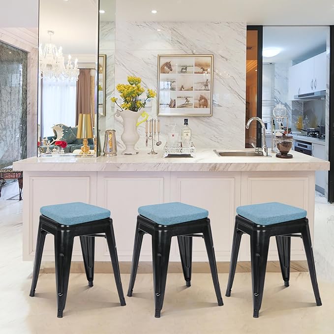 BUYUE Friendly Woven Fabric Magnetic Bar Stool Cushion 1 Piece, Enhanced Anti-Slip Breathable Small Chair Seat Pad for Café Bistro Stackable Metal Stool (Square, Light Blue, 1)