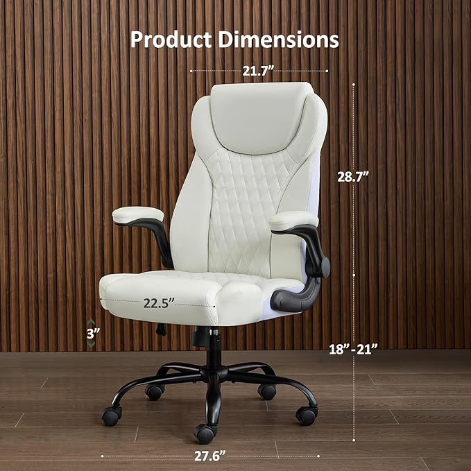 amseatec Office Chair, Executive PU Leather Chair, Ergonomic Computer Desk Chair with Lumbar Support and Adjustable Flip-Up Arms, Rocking Task Chair, White