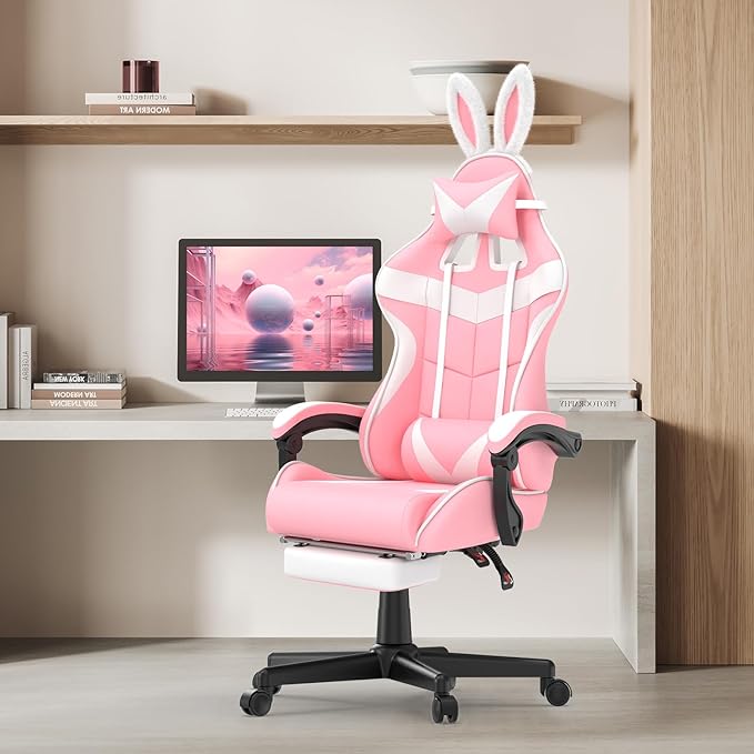 Soontrans Pink Gaming Chairs with Bunny Ears, Footrest,Ergonomic Home Office Desk Pink Chair,Lovely PC Computer Game Chair with Headrest and Lumbar Support Gamer Chair for Girls