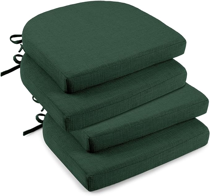 downluxe Indoor Chair Cushions for Dining Chairs, Soft and Comfortable Textured Memory Foam Kitchen Chair Pads with Ties and Non-Slip Backing, 16" x 16" x 2", Dark Green, 4 Pack