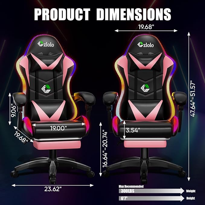 Czlolo Gaming Chair, Racing Style RGB LED Lights Gaming Chairs for Adults and Kids, Lumbar Massager Gamer Chair, High Back Reclining Computer Chair with Footrest and Headrest (Black/Pink)