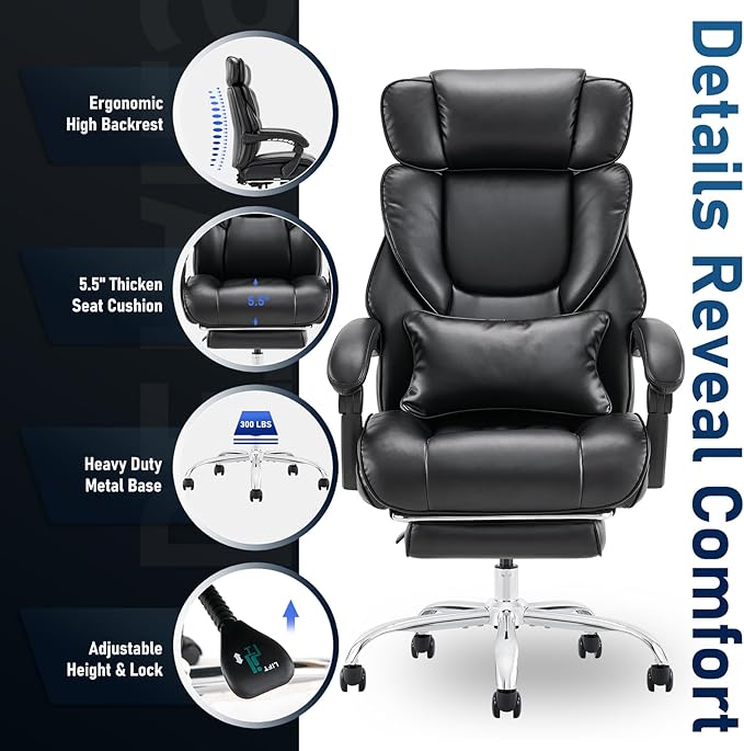 High Back Office Chair with Adjustable Headrest, Retractable Footrest & Lumbar Pillow, Ergonomic Bonded Leather Executive Desk Chair, Thick Padded Cushion, 90–135° Reclining Chair for Home OfficeBlack