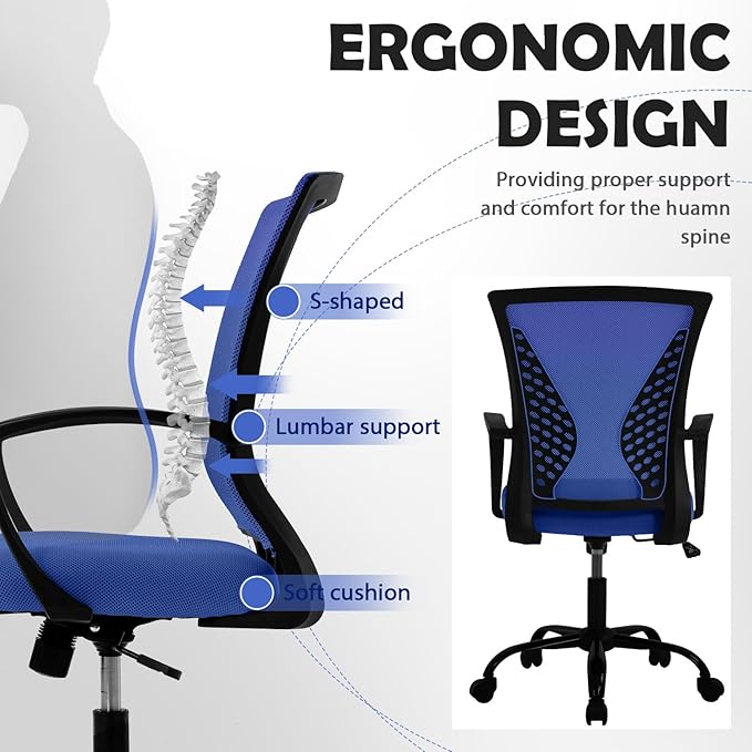 Mesh Office Chair with Adjustable Height & Arms - Ergonomic Mid Back Swivel Chair for Desk, Comfortable Home Computer Chair with Lumbar Support, Modern Design (Blue)