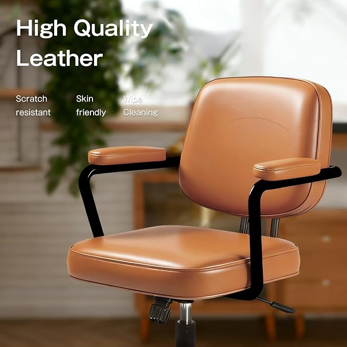 Ergonomic Office Chair, PU Leather Executive Desk Chair with Fixed Armrests, Adjustable Height, Rocking Function, 360° Swivel Rolling Wheels （Brown）