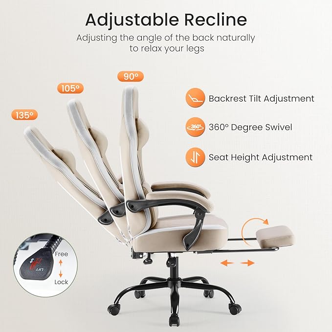 DUMOS Gaming Chair with Linkage Armrests, Video Game Chairs with Pocket Spring Cushion, Ergonomic Computer Silla Gamer Office Desk Chair with Footrest for Adults & Students, Khaki