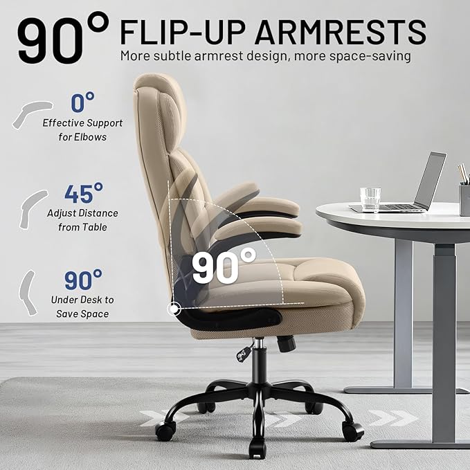 AreShark Ergonomic Office Chair with High Back Headrest,PU Leather Executive Desk Chair Padded Flip-Up Armrests,Lumbar Support,Swivel Computer Chair for Home Office & Gaming, Khaki
