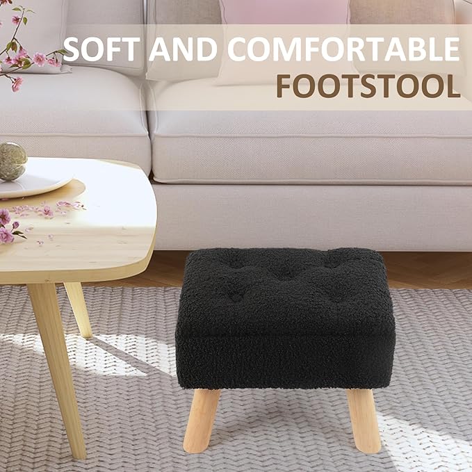 OGEMXU Storage Ottoman, Small Foot Stool Ottoman with Storage, Boucle Teddy Velvet Foot Rest with Padded Seat, Sturdy Wood Legs Stool for Living Room, Bedroom, Couch, Enterway (Black)