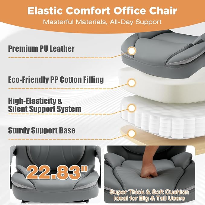 Ergonomic Fully Reclining Office Chairs with Back Support Footrest, PU Leather Wide Seat Comfortable Recliner Office Desk Chair with Leg Rest, Grey
