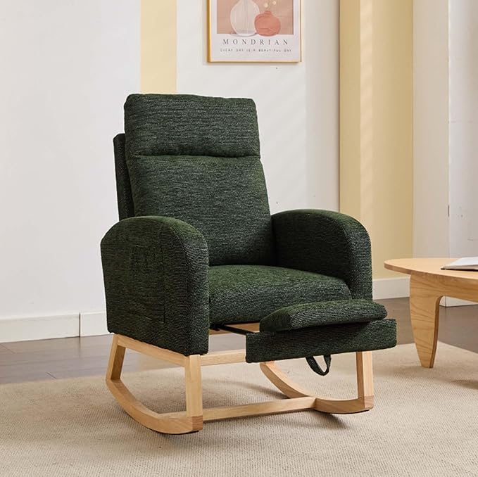 40" Fabric Nursing Rocking Chair, Nursery Chairs with Adjustable Foot Rest, High Backrest Upholstered Arm Chair with Side Pockets, Wood Rocking Chair for Living Room, Bedroom, Baby Room (Dark Green)