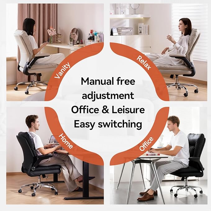 LEAGOO Ergonomic Office Chair with 3D Flip-Up Arms, Adjustable Height & Rocking Function, PU Leather Swivel Task Chair for Home Office, 300 lbs Capacity - Beige
