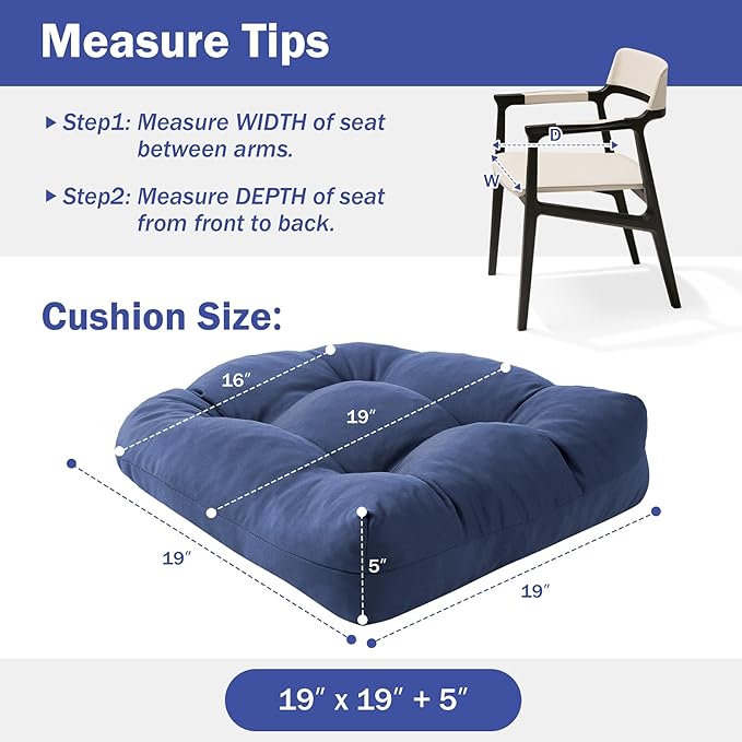 IPYNBAP Outdoor Chair Cushions Set of 4, Patio Chair Cushions with Ties, 19x19+5” Tufted Outdoor Seat Cushions, Waterproof Patio Furniture Cushions, Outdoor Dining Chair Pads, Navy